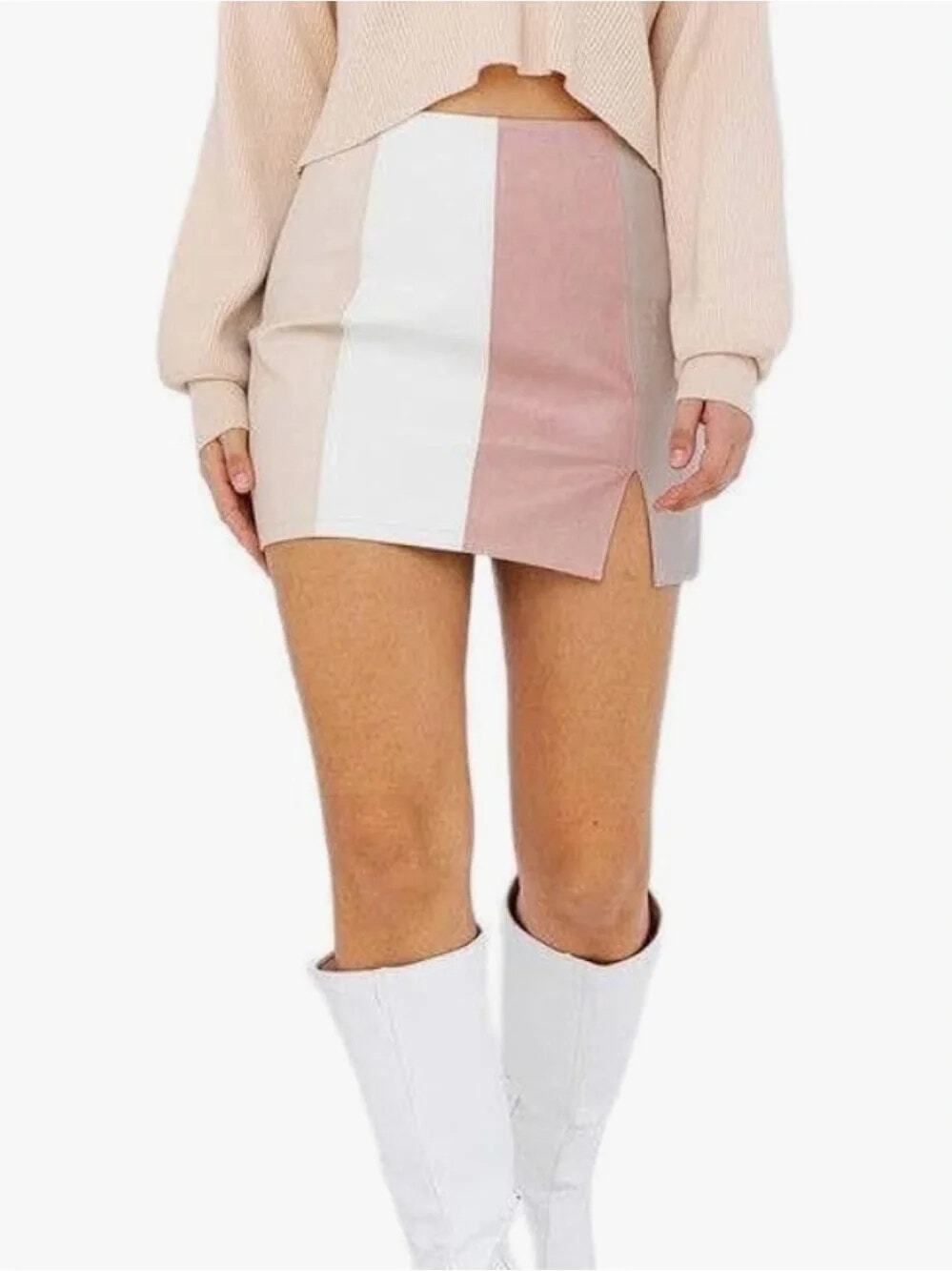 Altar'd State Pink Beige Color block Stripe Vegan Leather Mini Skirt Sz LARGE